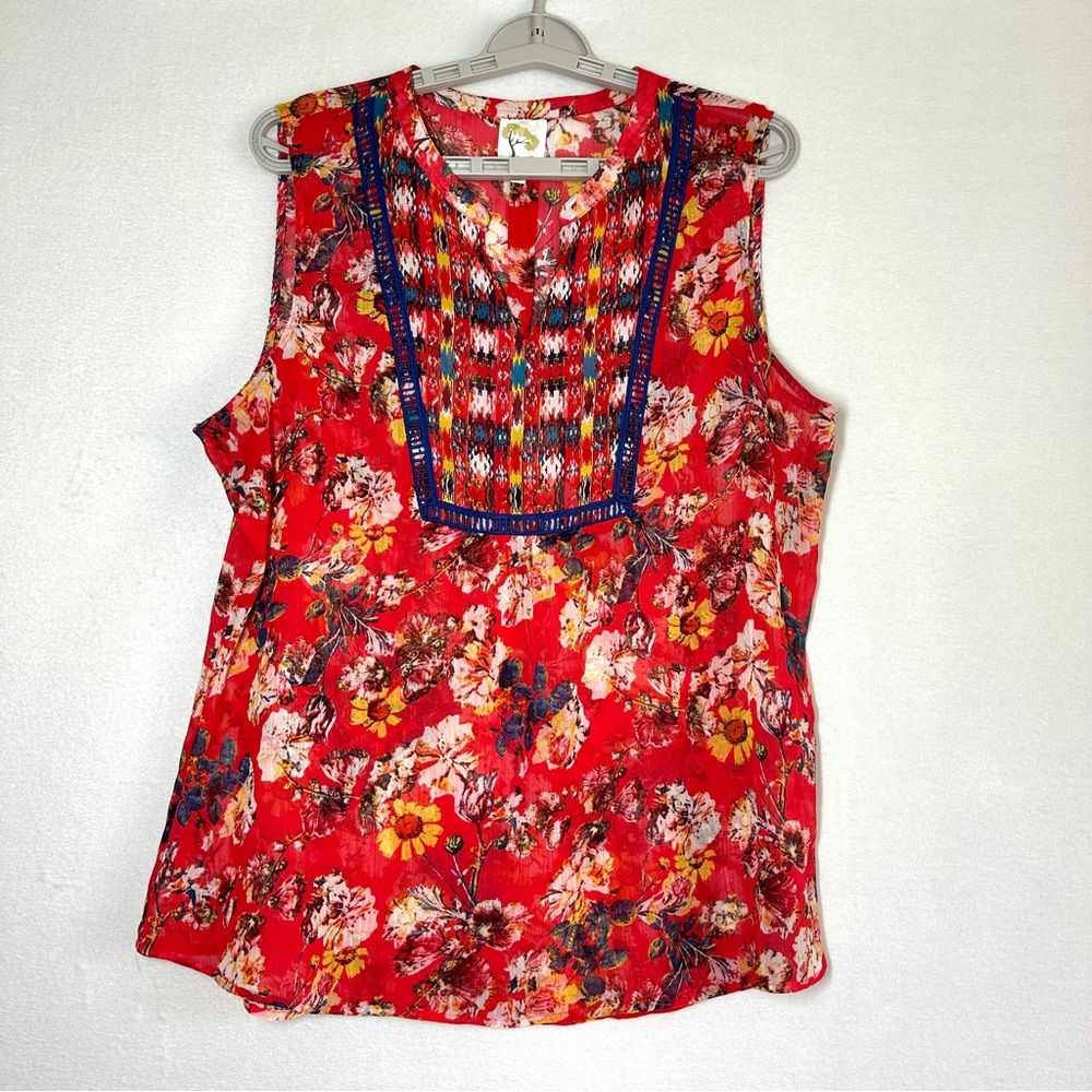 Fig And Flower Sheer Top XL Anthropologie Red Sleeveless Floral Blouse Anthro
